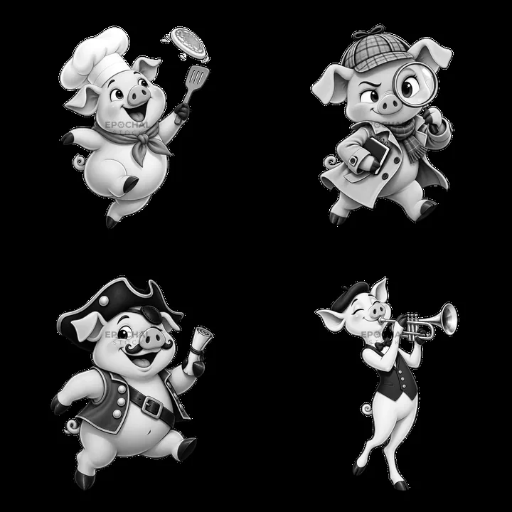 Four playful pig characters in various outfits and activities - AI-generated stock image