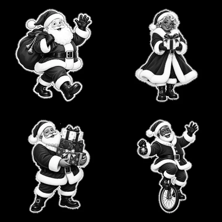 Four cheerful Santa Claus characters with gifts and accessories - AI-generated stock image