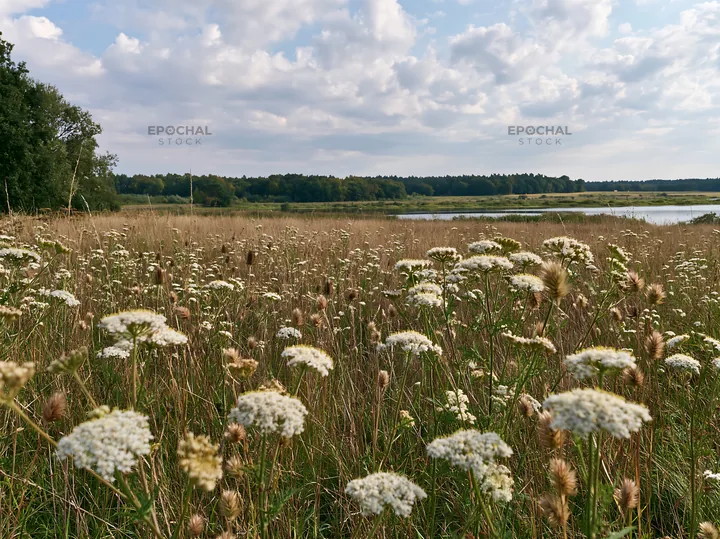 German lakeside meadow with flowers and clouds in the sky - AI-generated stock image
