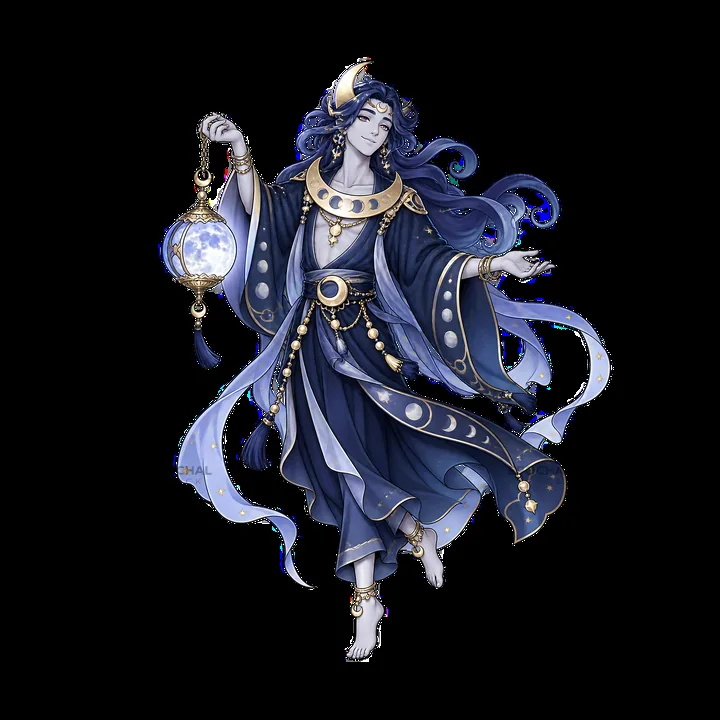 Pagan god holding a glowing lantern with moon and stars - AI-generated stock image