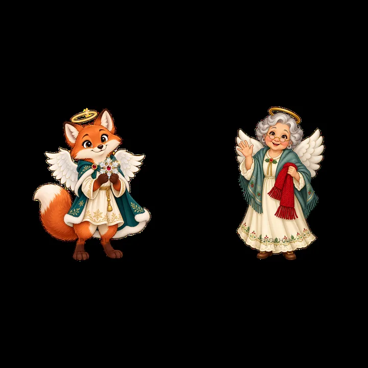 Christmas angel fox and old lady sticker illustration pair - AI-generated stock image