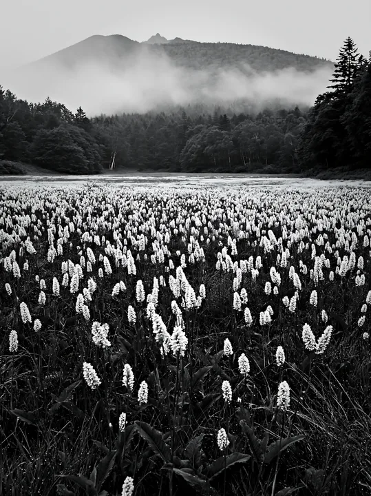 Expansive Hokkaido restoration meadow with dewdrops - AI-generated stock image