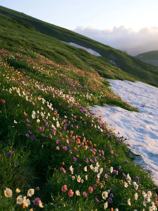 Snowdrift meadow with flowers and melting snow - AI-generated stock image