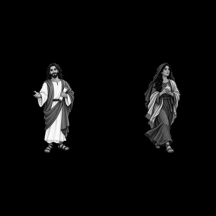 Jesus and a woman walking together in black and white illustration - AI-generated stock image