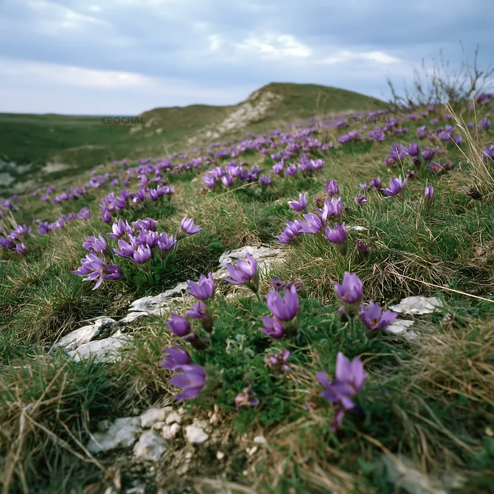 Cloudy meadow filled with pasque flowers in spring season - AI-generated stock image