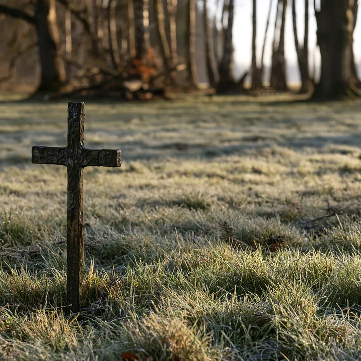 Bronze Christian cross in a Christmas meadow - AI-generated stock image