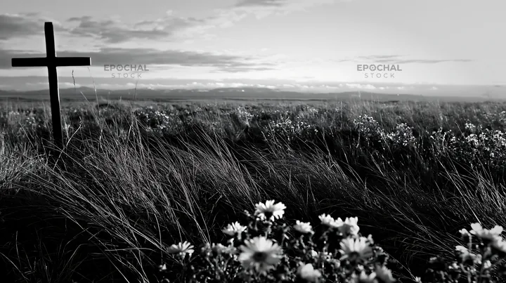 Bronze Christian cross in meadow during Christmas season - AI-generated stock image