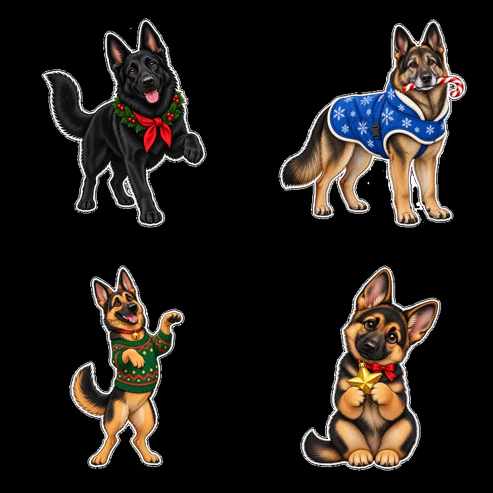 Christmas German Shepherds in festive attire and playful poses - AI-generated stock image