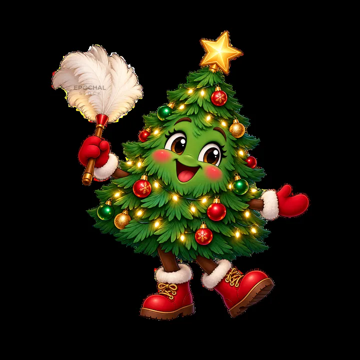 Christmas tree character with decorations and a feather duster - AI-generated stock image