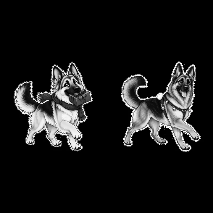Black-and-white German Shepherd dogs with Christmas gifts - AI-generated stock image