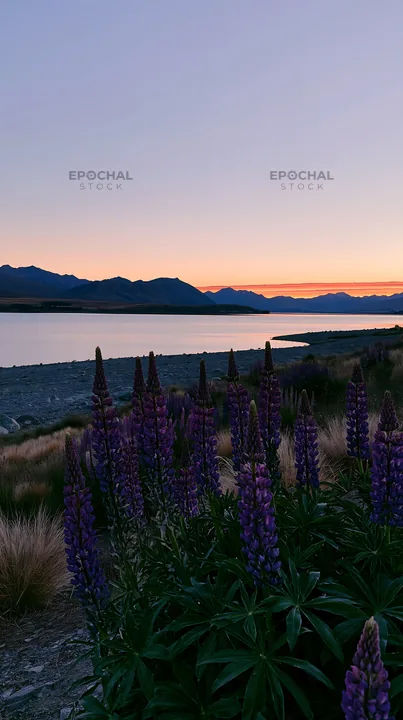 Lupine meadow at Lake Tekapo during sunset - AI-generated stock image