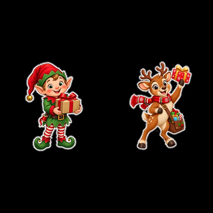 Elf and reindeer holding Christmas gifts in a cartoon style - AI-generated stock image