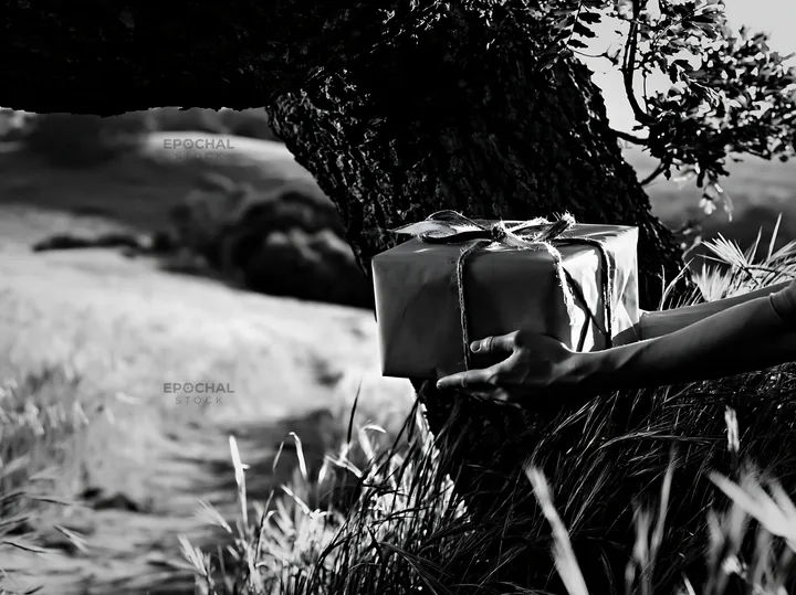 Gift placed under a tree in natural setting with grass around - AI-generated stock image