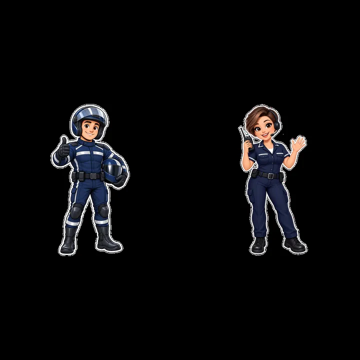 Police officers standing together with radio and thumbs up gesture - AI-generated stock image