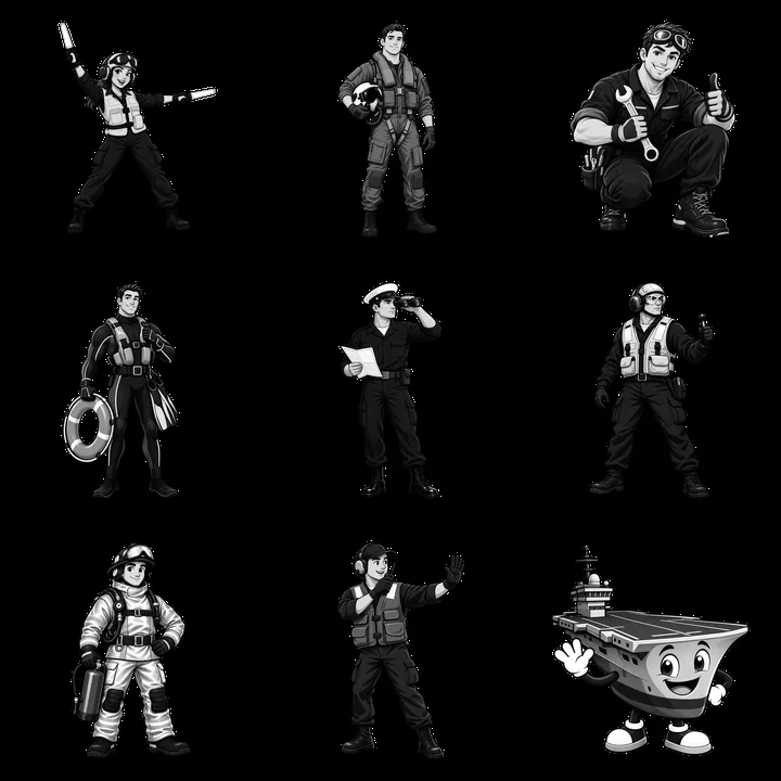 Cartoon characters and aircraft carrier illustrations in grid layout - AI-generated stock image