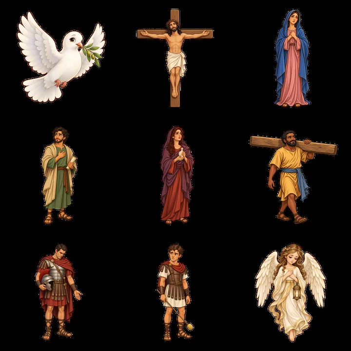 Jesus on the cross with figures from biblical events around - AI-generated stock image