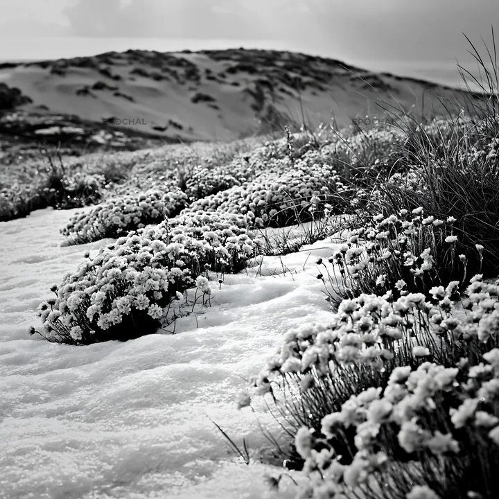 Black and white dune meadow snow with pink flowers and snow on the ground - AI-generated stock image