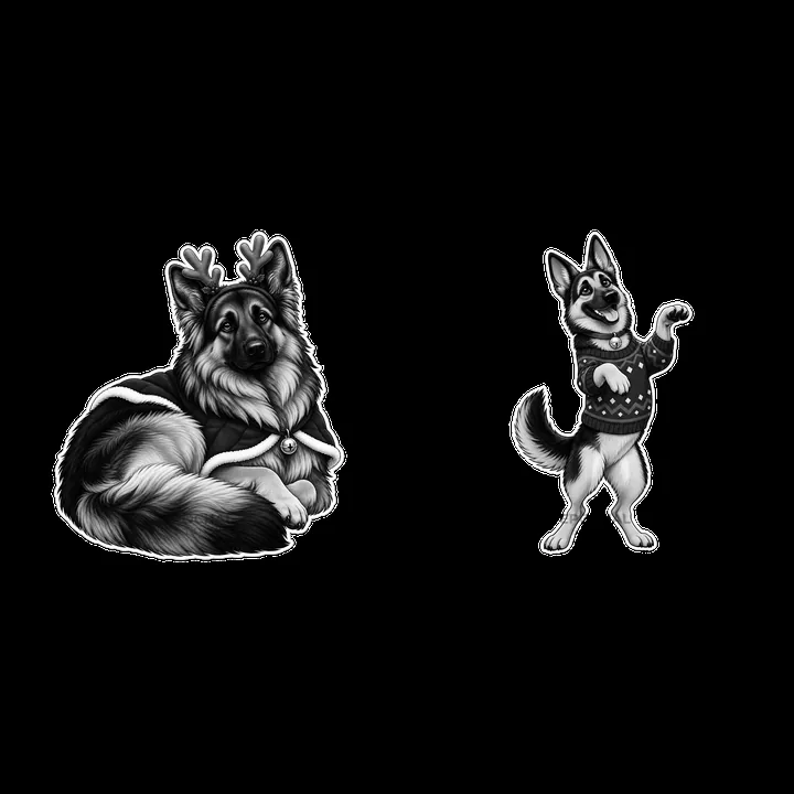 Christmas German Shepherd sticker pair with festive details - AI-generated stock image