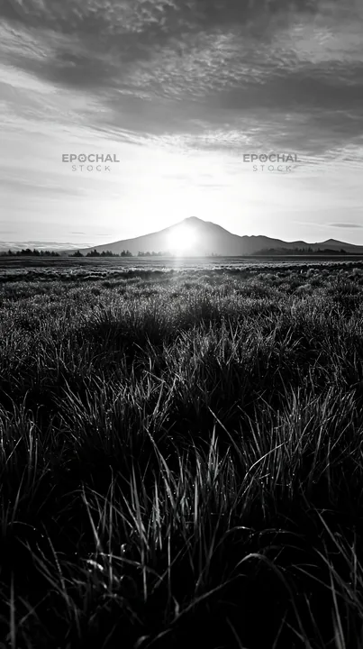 Black and white expansive Hokkaido restoration meadow with dewdrops - AI-generated stock image