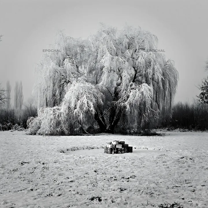 Snowy meadow with wrapped presents under a tree - AI-generated stock image