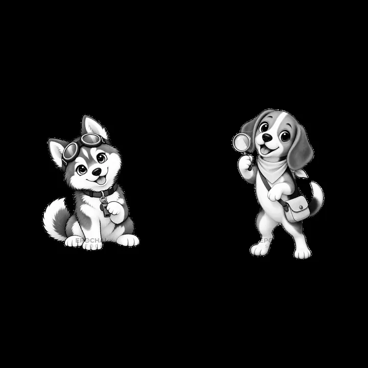 Two cartoon dogs with accessories in playful poses - AI-generated stock image