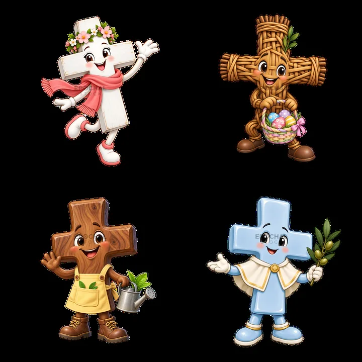 Easter cross characters celebrating with joy and spring activities - AI-generated stock image
