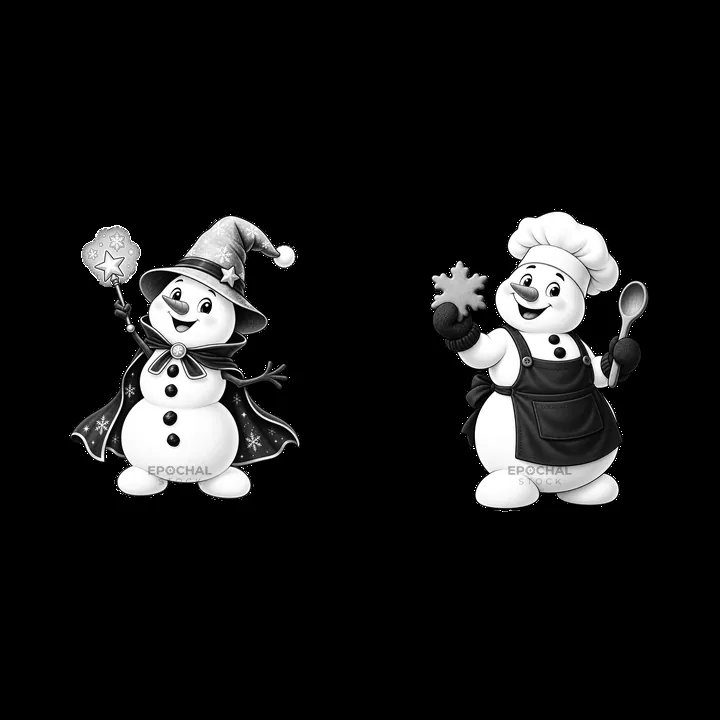 Christmas snowmen wearing hats and cooking in black and white - AI-generated stock image