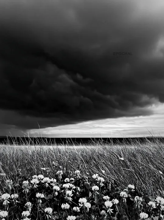 Regenerative meadow with dark clouds and flowers in the foreground - AI-generated stock image