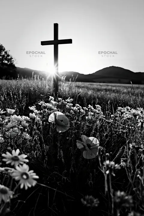 Christian cross in meadow at sunrise with flowers - AI-generated stock image