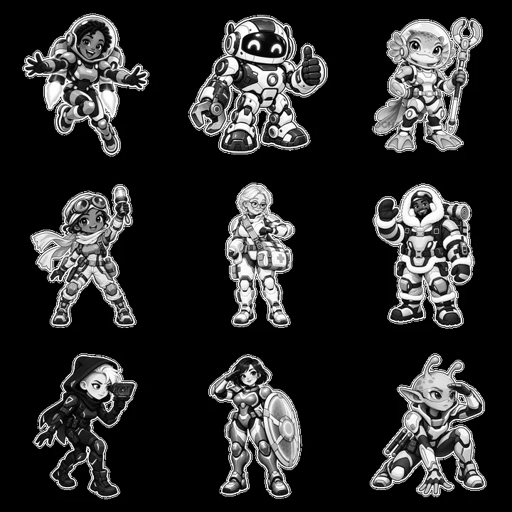 Kawaii futuristic super-soldiers in a 3x3 grid layout - AI-generated stock image
