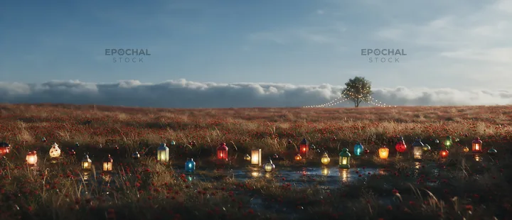 Vibrant Christmas lanterns in winter meadow at dusk - AI-generated stock image