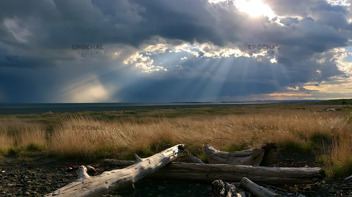 Chiba coastal meadow with driftwood under cloudy sky - AI-generated stock image