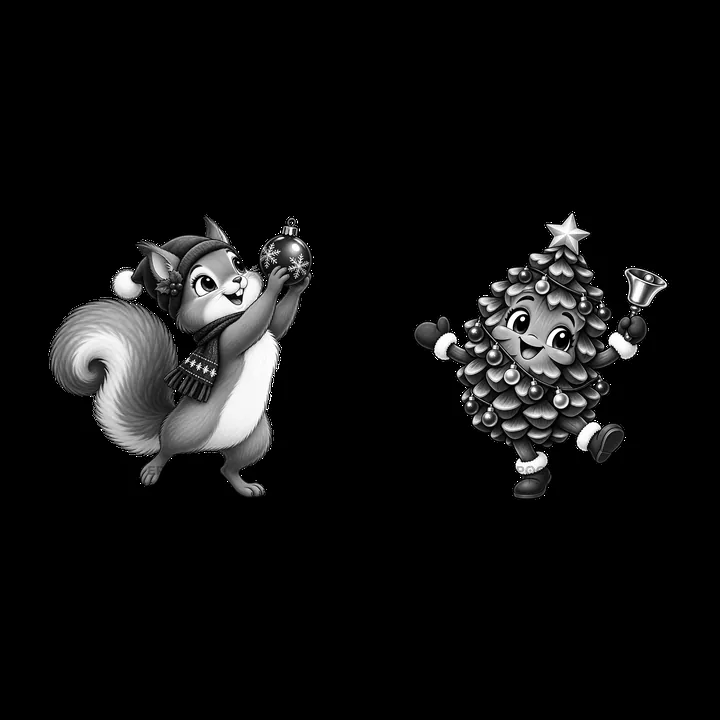Squirrel holds ornament next to cheerful cartoon Christmas tree - AI-generated stock image