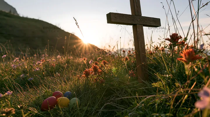 Christian cross in summer meadow with colorful eggs - AI-generated stock image