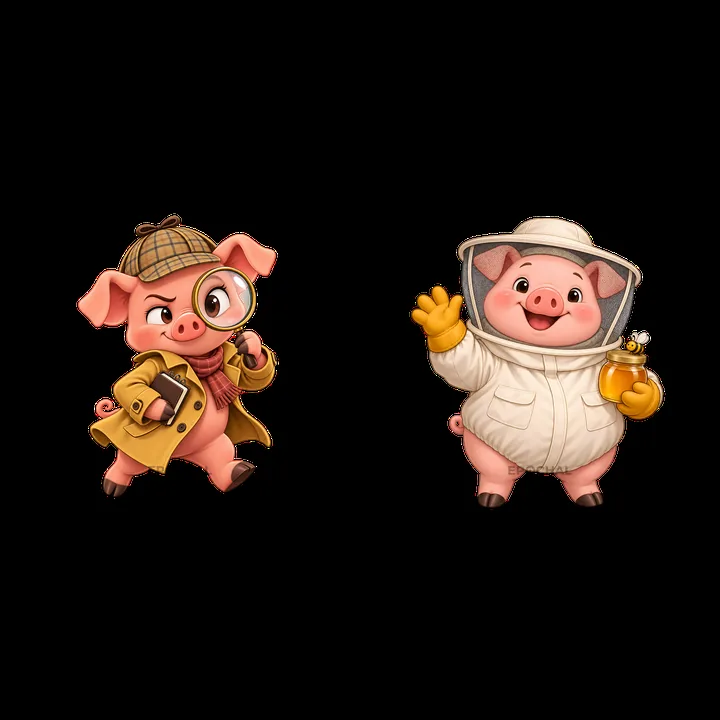 Pair of cartoon pigs in detective and beekeeper outfits - AI-generated stock image