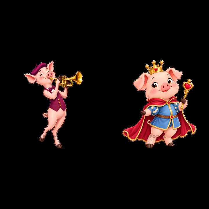 Pig playing trumpet and royal pig with crown - AI-generated stock image