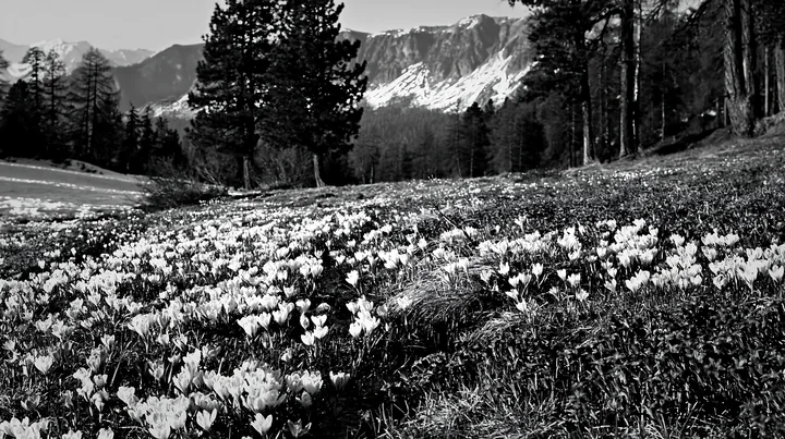 Pine forest meadow with blooming flowers and mountains in background - AI-generated stock image