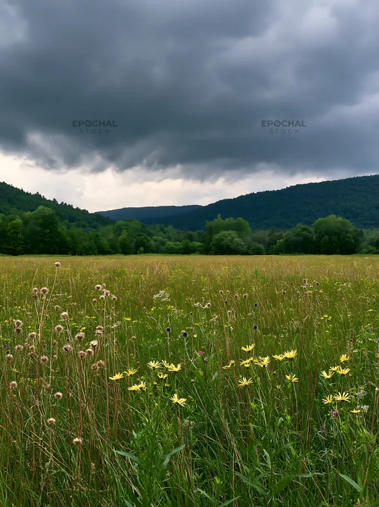 Tall grass meadow with cloudy sky and distant hills - AI-generated stock image