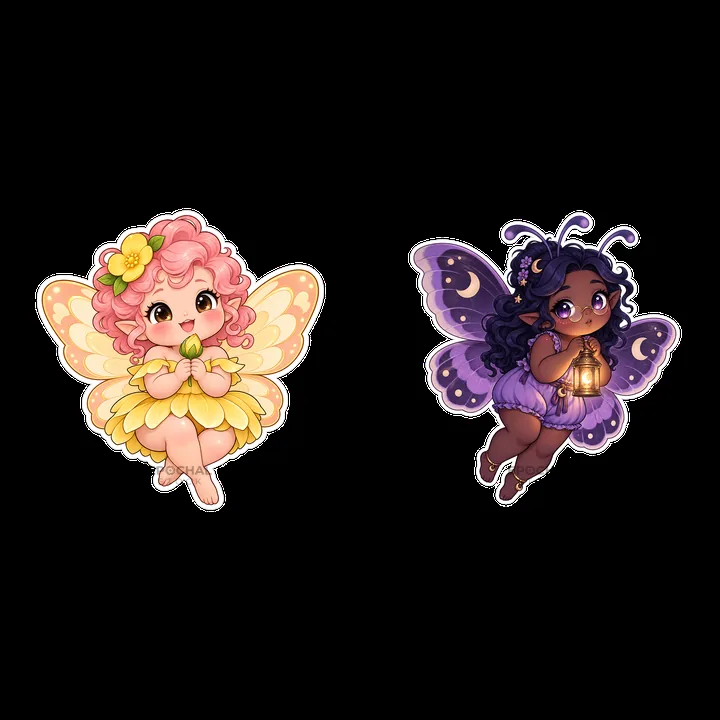 Kawaii chubby fairies with flowers and lanterns in a pair - AI-generated stock image