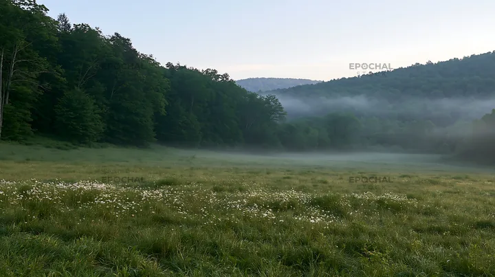 Forest edge meadow with morning mist and trees - AI-generated stock image