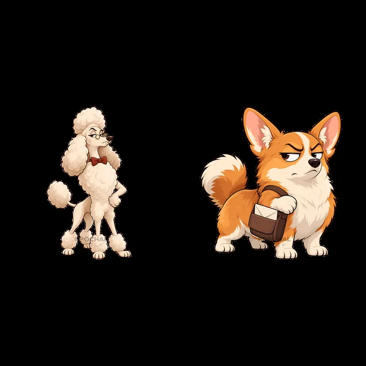 Grumpy dog and stylish poodle cartoon sticker pair - AI-generated stock image