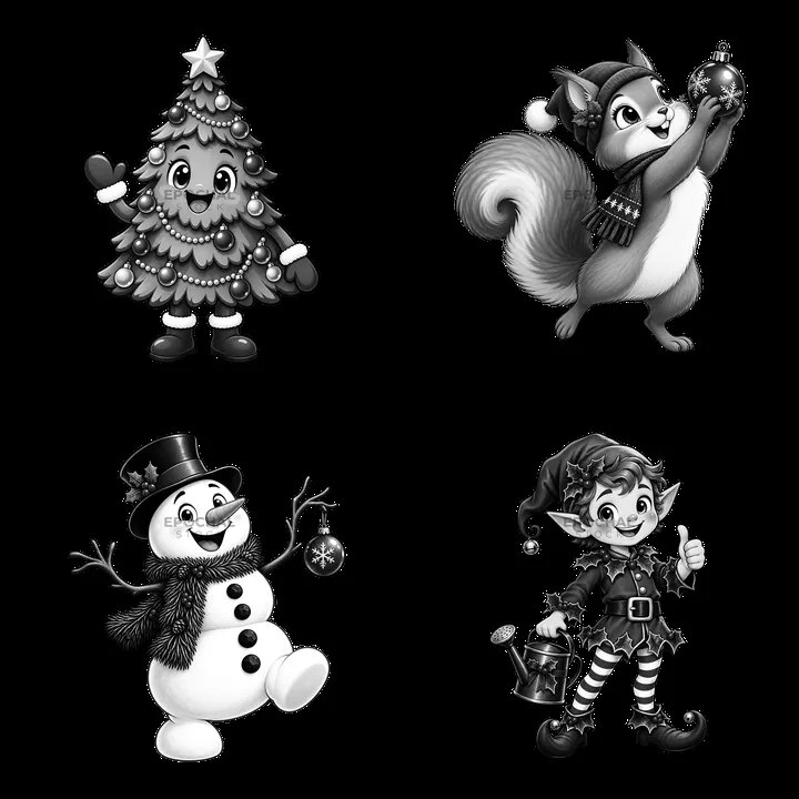 Christmas tree, squirrel, snowman, and elf cartoon stickers - AI-generated stock image