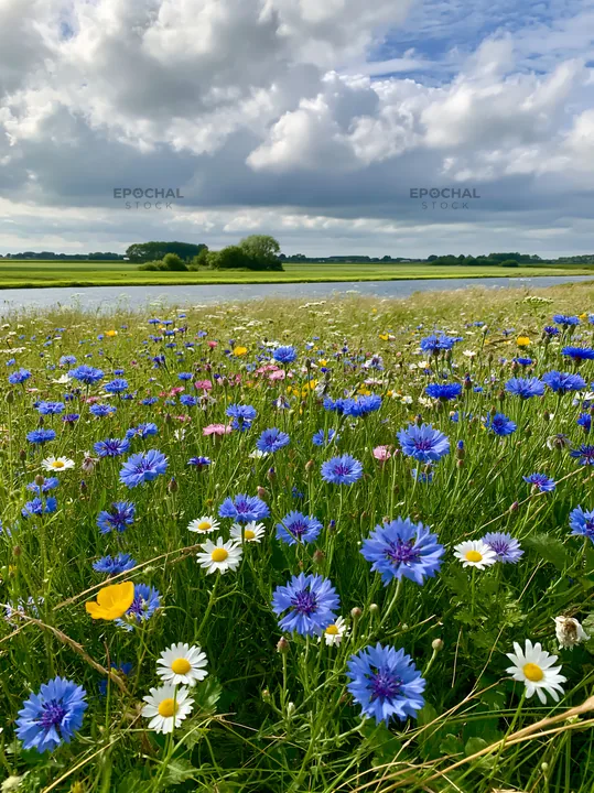 Cornflower meadow with wildflowers near a river - AI-generated stock image