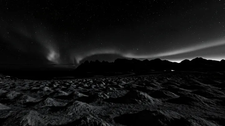 Black and white lofoten coastal meadow winter snow under northern lights - AI-generated stock image