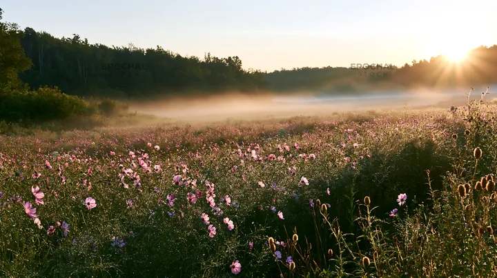 Colorful cosmos meadow at sunrise with mist above the ground - AI-generated stock image