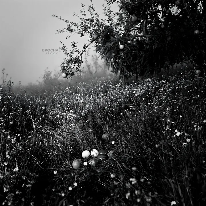 Christmas meadow with apple tree and bracken garlands - AI-generated stock image