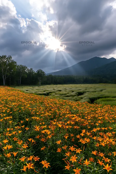 Sunlight shining through clouds over a meadow of flowers - AI-generated stock image