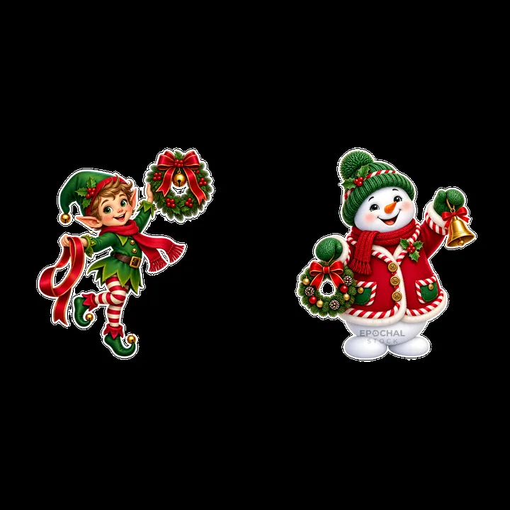 Christmas elf and snowman holding wreaths next to each other - AI-generated stock image