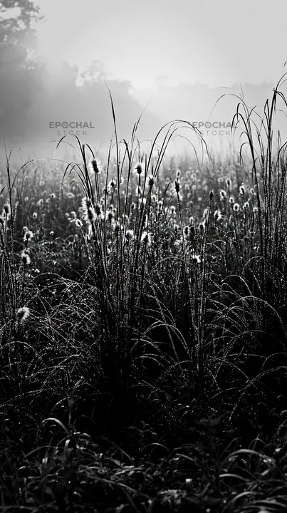 Black and white miyazaki sunrise meadow dew covered sedges in soft morning light - AI-generated stock image