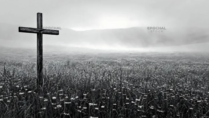 Weathered Christian cross in misty meadow with flowers - AI-generated stock image